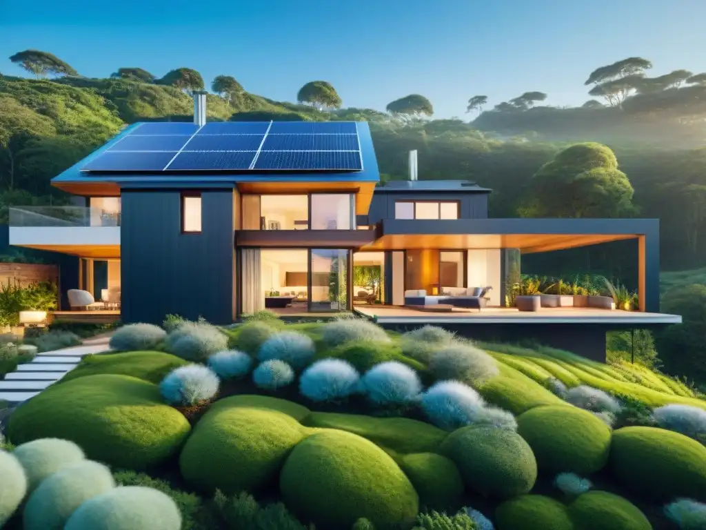 Vivienda futurista sostenible con certificaciones de sostenibilidad, paneles solares y diseño ecoeficiente, rodeada de naturaleza y cielo azul