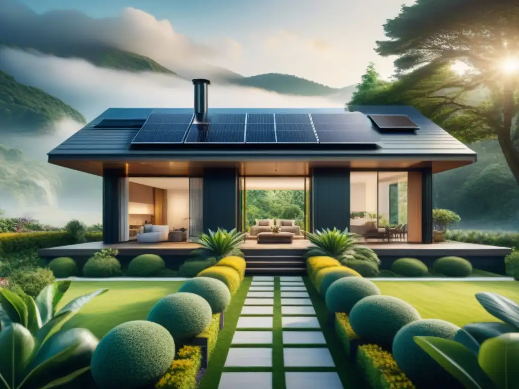 Vivienda inteligente ecofriendly con Innovaciones IA ahorro energético y tecnología solar integrada en armonía con la naturaleza