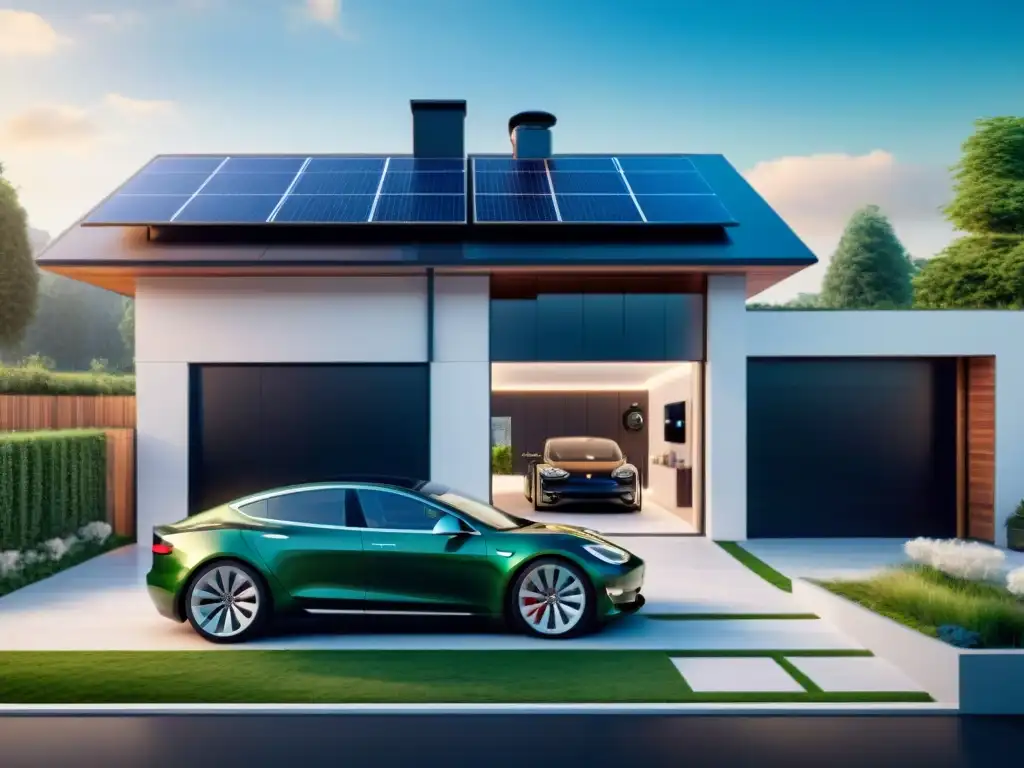 Vivienda inteligente y ecológica con seguridad innovadora y elementos sostenibles: paneles solares, jardín en la azotea y Tesla Powerwall en el garaje