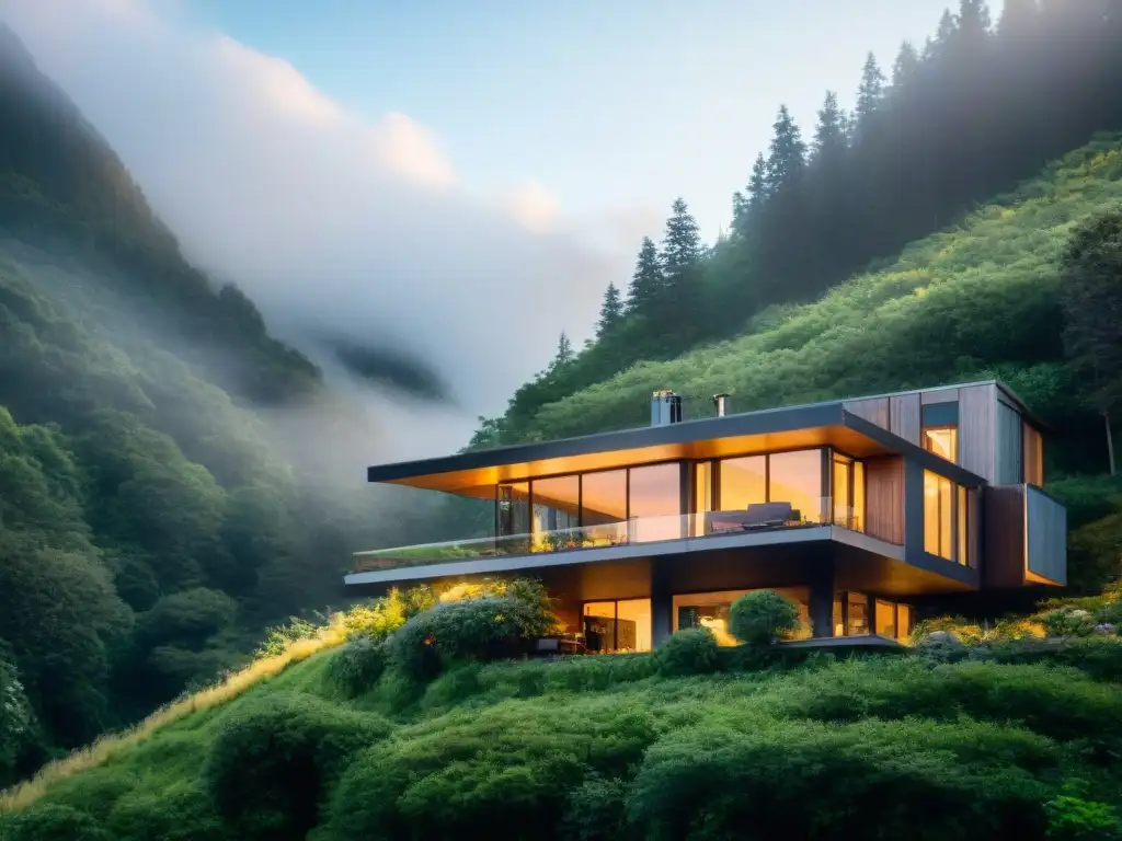 Vivienda ecológica de lujo moderna en bosque verde con ventanales inundados de luz natural