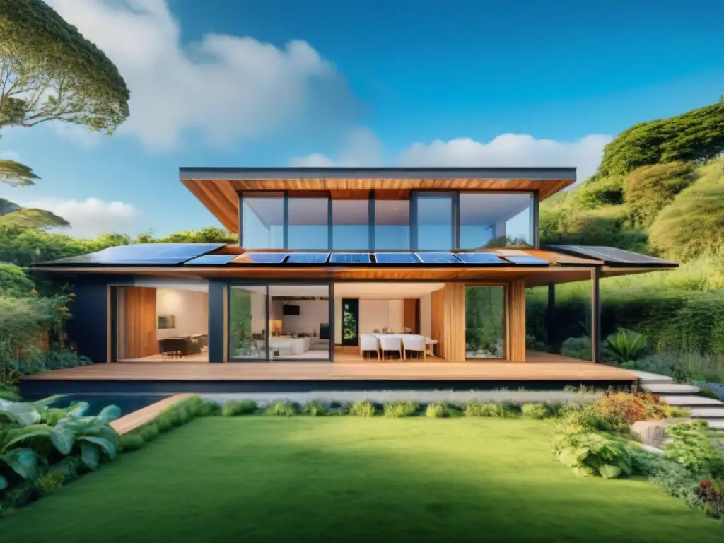 Vivienda ecológica moderna rodeada de naturaleza, con paneles solares, jardín y materiales sostenibles