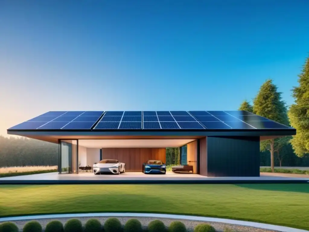 Vivienda moderna sostenible con IA, paneles solares, auto eléctrico y gestión energética