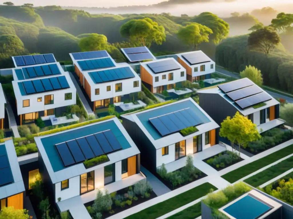 Vivienda sostenible y bienestar público en una comunidad ecoamigable con paneles solares y jardines verdes, rodeada de naturaleza y vecinos activos