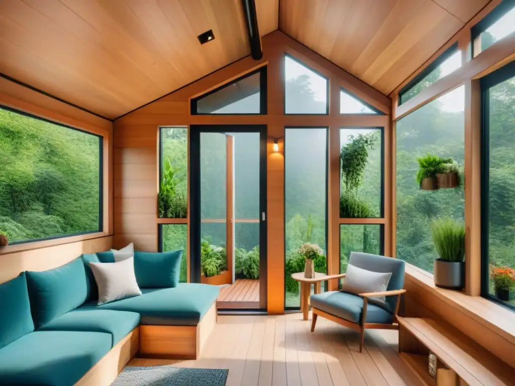 Vivienda sostenible en un bosque con paneles solares, sistema de recolección de agua de lluvia y jardín vertical
