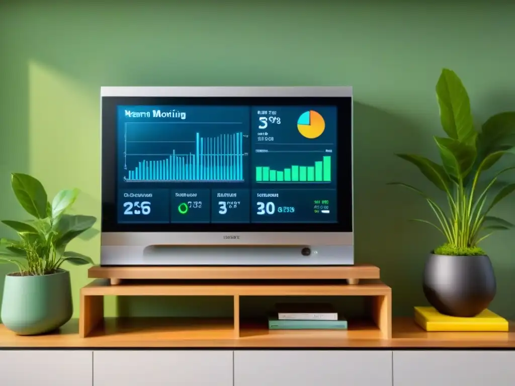 Vivienda sostenible con monitorización de consumo energía en tiempo real, datos coloridos en pantalla digital