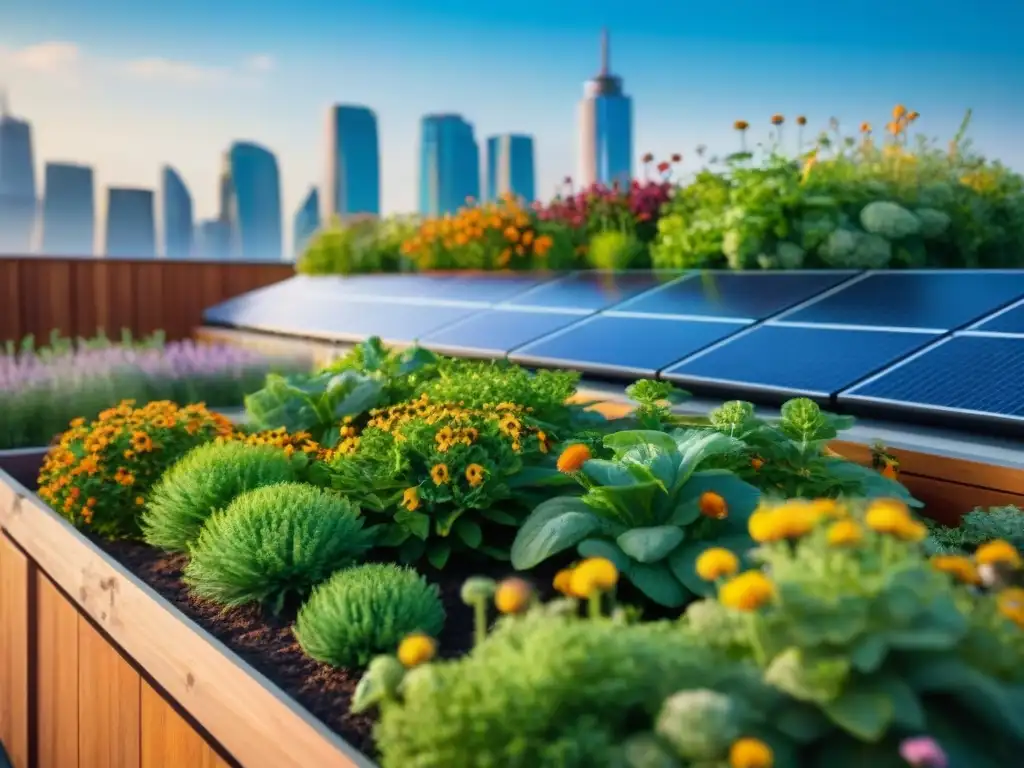 Vivienda sostenible con diseño ecológico: Jardín en la azotea repleto de plantas y paneles solares, bajo un cielo azul