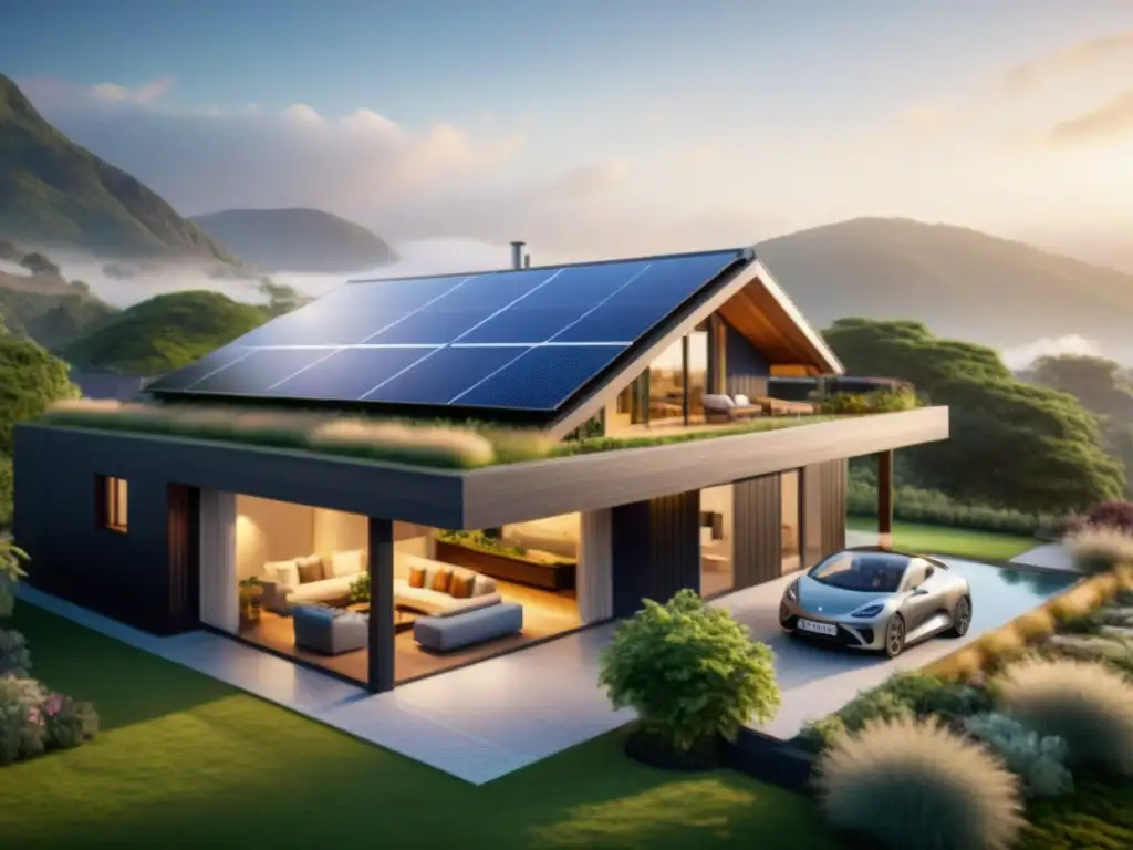 Vivienda sostenible con eficiencia energética: paneles solares, jardín verde y tecnología inteligente al atardecer