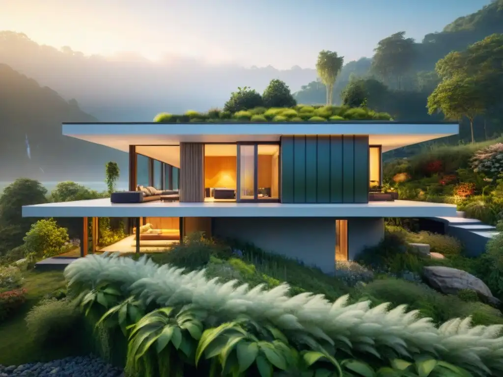 Vivienda sostenible futurista integrada con la naturaleza, rodeada de jardines vibrantes