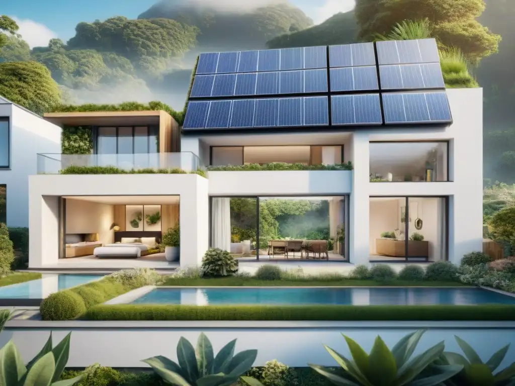 Una vivienda sostenible del futuro con IA, integrando tecnología y naturaleza en armonía bajo un cielo azul y paisaje verde exuberante