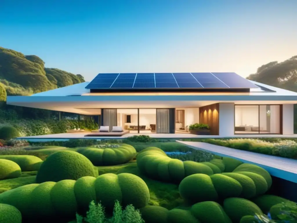 Vivienda sostenible del futuro con tecnologías verdes, jardines verticales y eficiencia energética, en armonía con la naturaleza