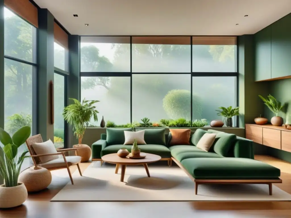 Vivienda sostenible con diseño interior moderno y ecológico, muebles reciclados y plantas decorativas en tonos tierra