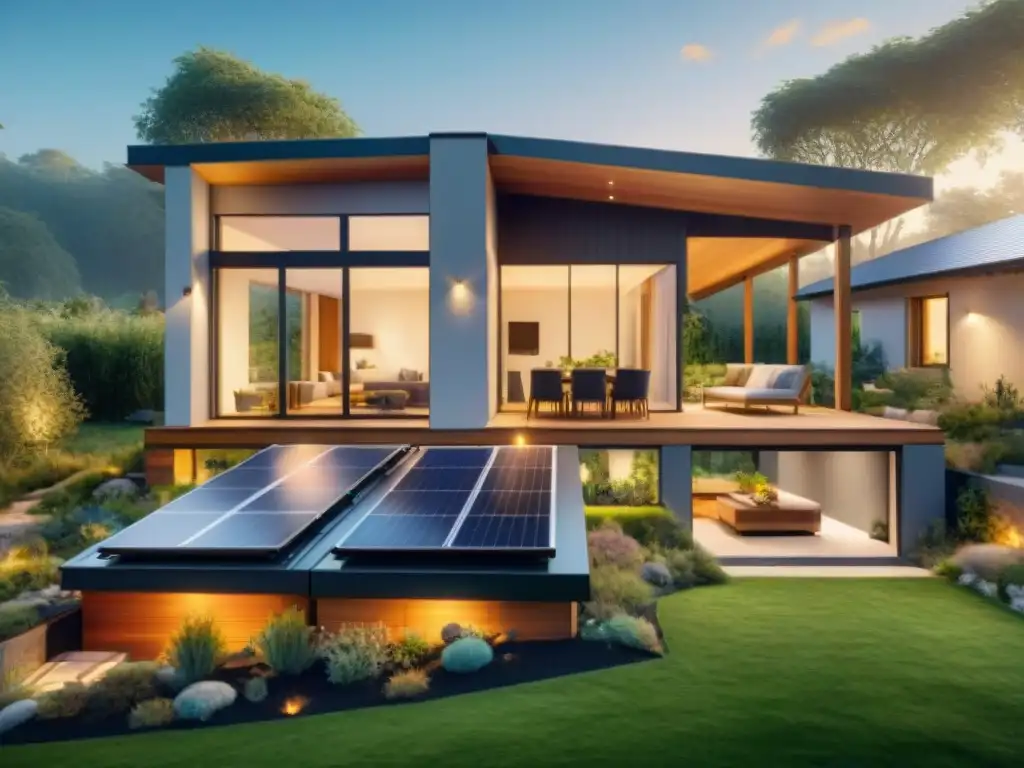 Vivienda ecológica sostenible y moderna con paneles solares, captando la armonía entre modernidad y naturaleza al atardecer