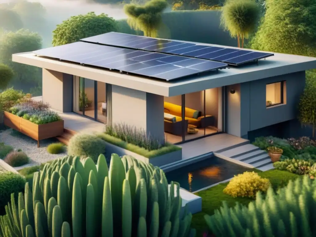 Una vivienda sostenible con paneles solares, muros verdes y jardín ecológico