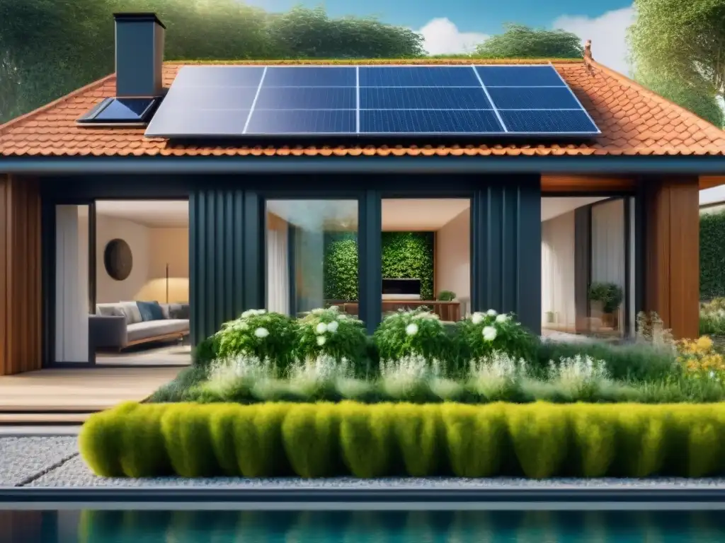 Vivienda ecológica con tecnología IoT: hogar sostenible con paneles solares, jardín vertical y electrodomésticos eficientes