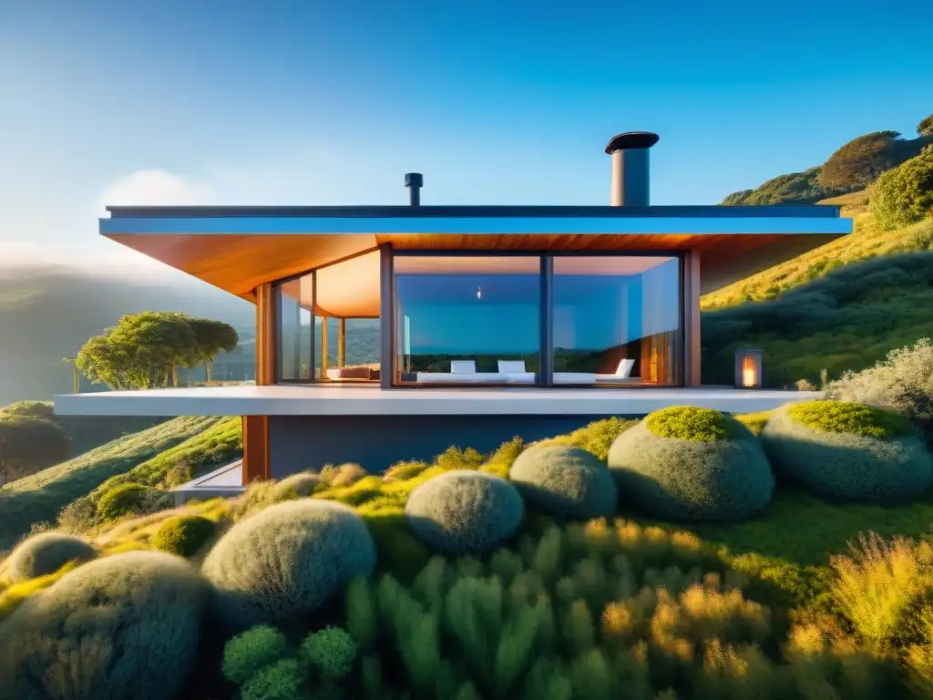 Vivienda sostenible con paneles solares, tejado verde y diseño moderno en paisaje natural