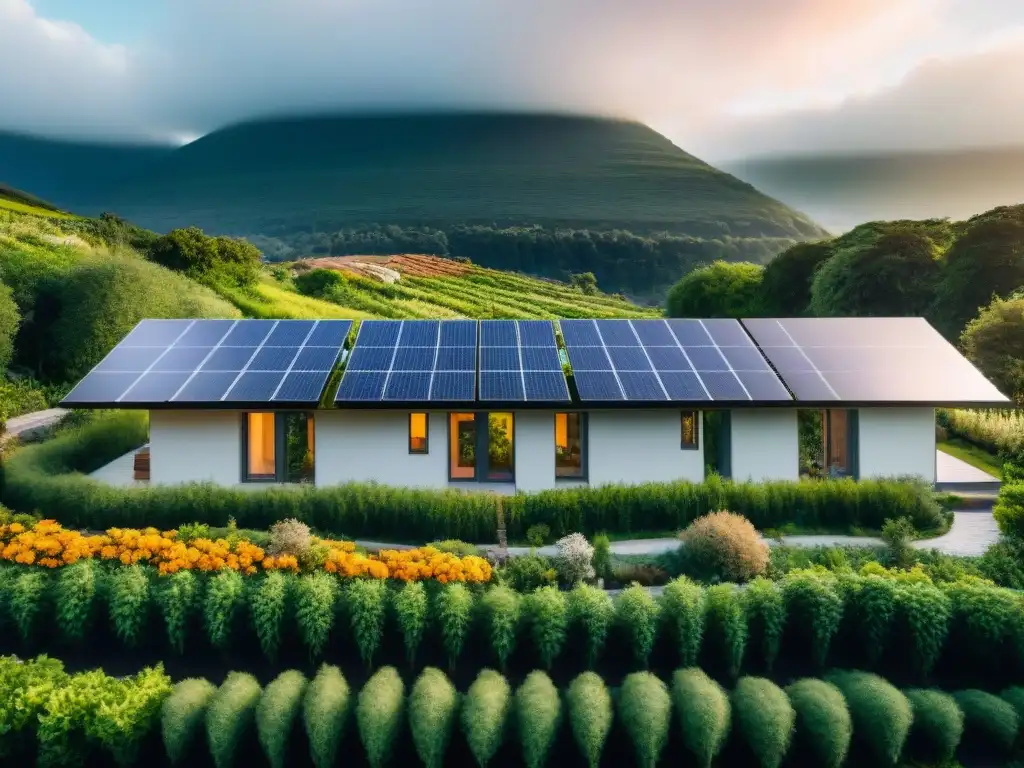 Vivienda sostenible con paneles solares, áreas verdes y residentes disfrutando de actividades ecofriendly