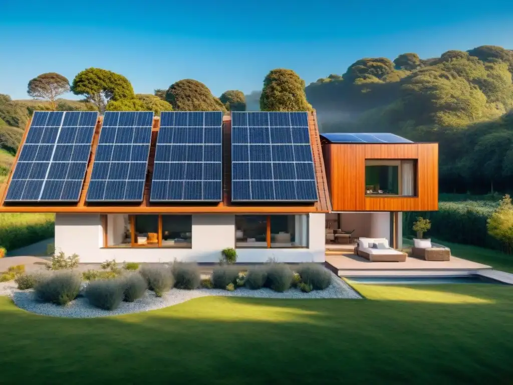 Vivienda sostenible con paneles solares brillantes bajo cielo azul y exuberante vegetación