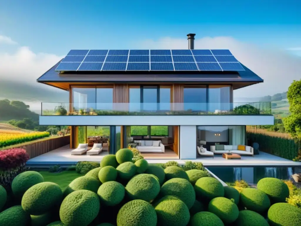 Vivienda sostenible con paneles solares y jardín ecológico bajo cielo azul