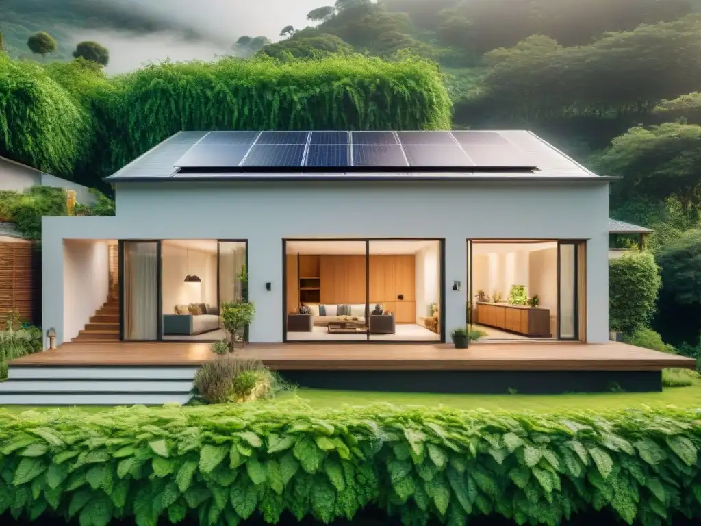 Vivienda sostenible rodeada de naturaleza, con paneles solares, sistema de recolección de agua y amplias ventanas