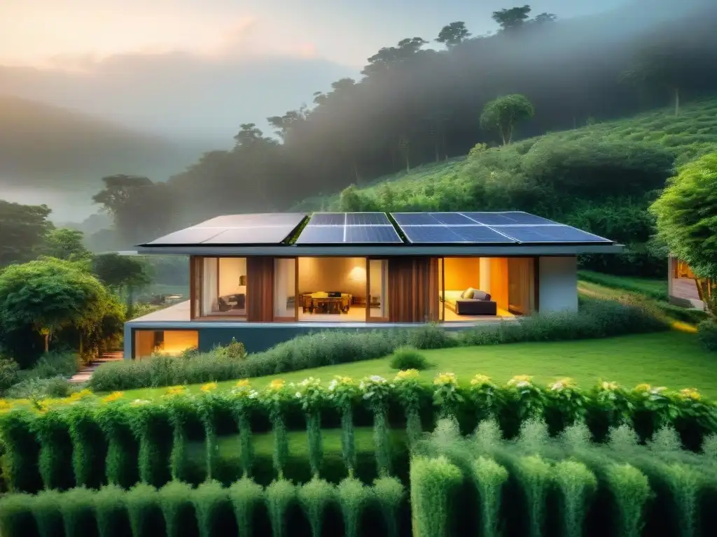 Vivienda sostenible con soluciones ecoamigables: paneles solares, sistema de recolección de agua de lluvia, huerto y ventanas amplias