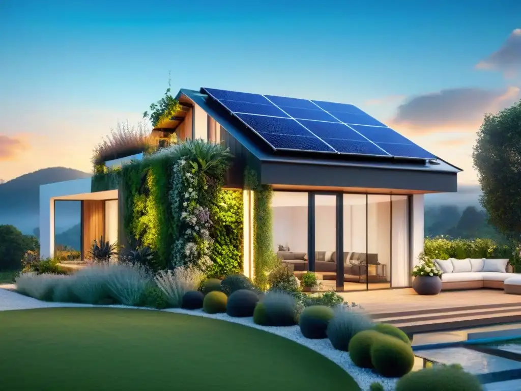 Vivienda sostenible con tecnología inteligente: paneles solares, jardín vertical y diseño energéticamente eficiente