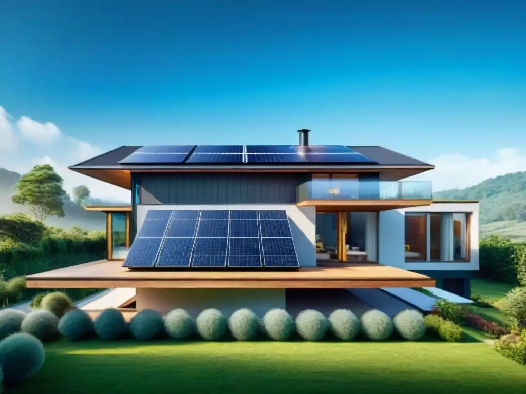 Vivienda sostenible con tecnología inteligente: paneles solares, sistema de recolección de agua, ventanas eficientes y termostato inteligente, rodeada de vegetación y cielo azul