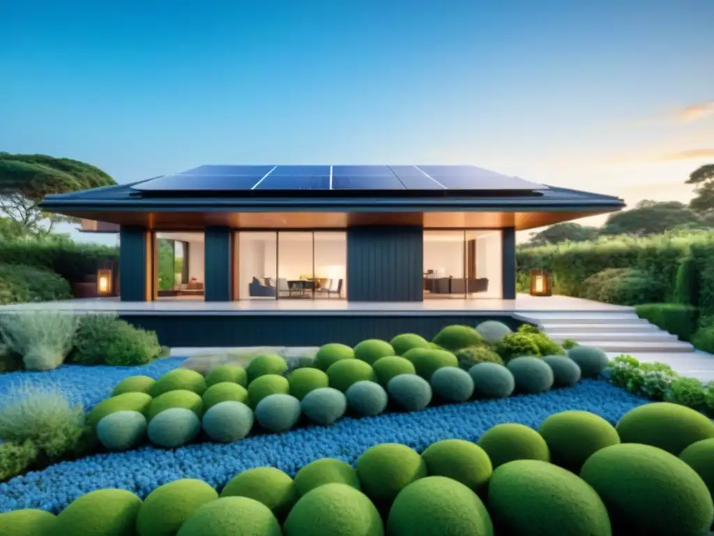 Vivienda sostenible con tecnología verde, paneles solares, tejado verde y ventanales eficientes, rodeada de naturaleza bajo cielo azul