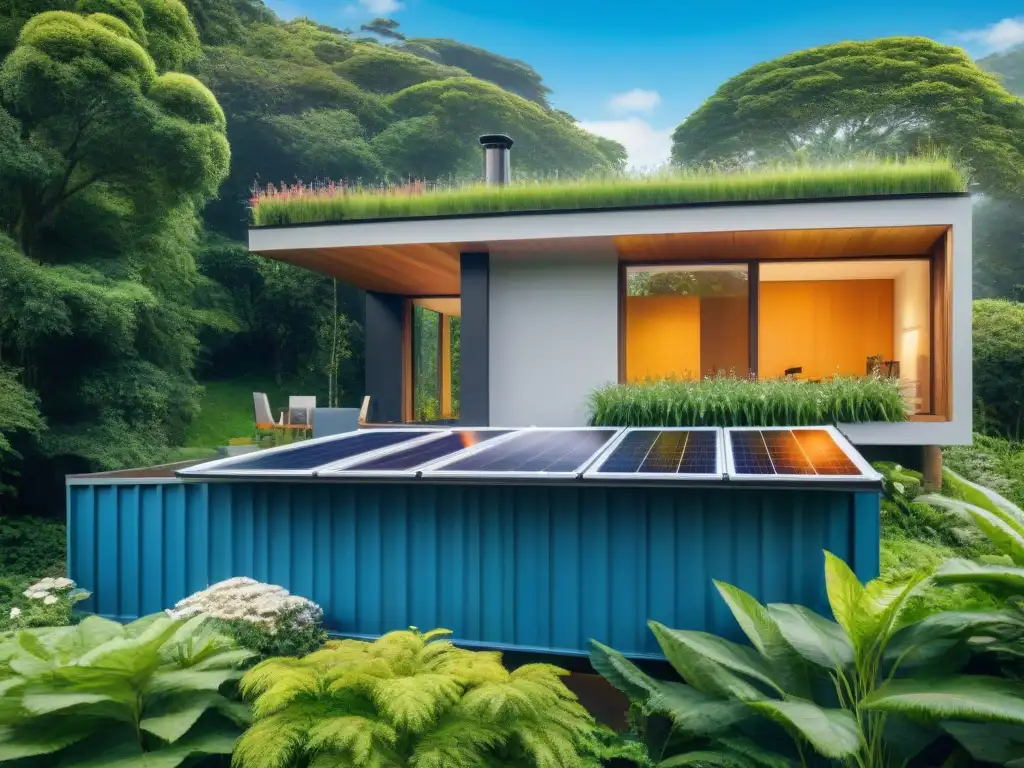 Vivienda sostenible con tecnologías limpias rodeada de naturaleza exuberante y cielo azul