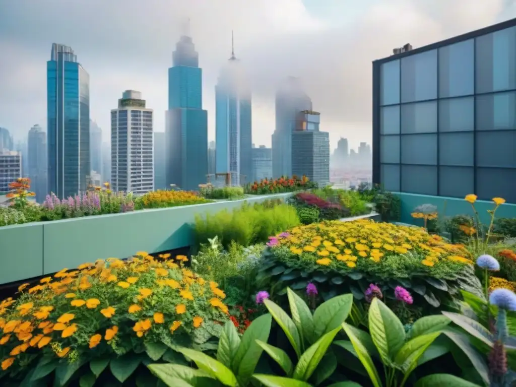 Vivienda sostenible y biodiversidad urbana: Jardín verde en edificio urbano, abejas, mariposas y aves entre rascacielos