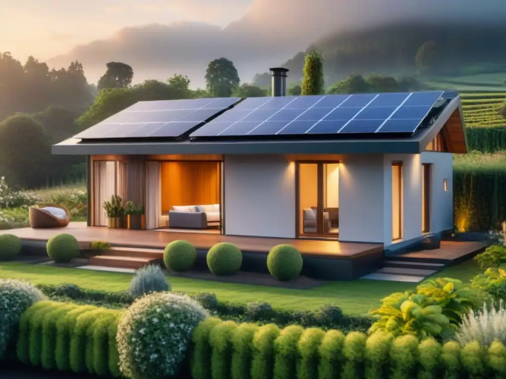 Vivienda ecológica con tecnología IoT, paneles solares, jardín verde y sistema de recolección de agua de lluvia al atardecer