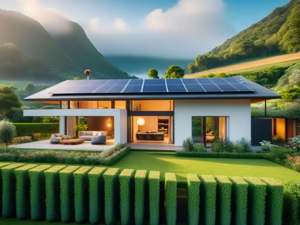 Vivienda ecológica con tecnología IoT, paneles solares, jardín inteligente y electrodomésticos eficientes en entorno sostenible