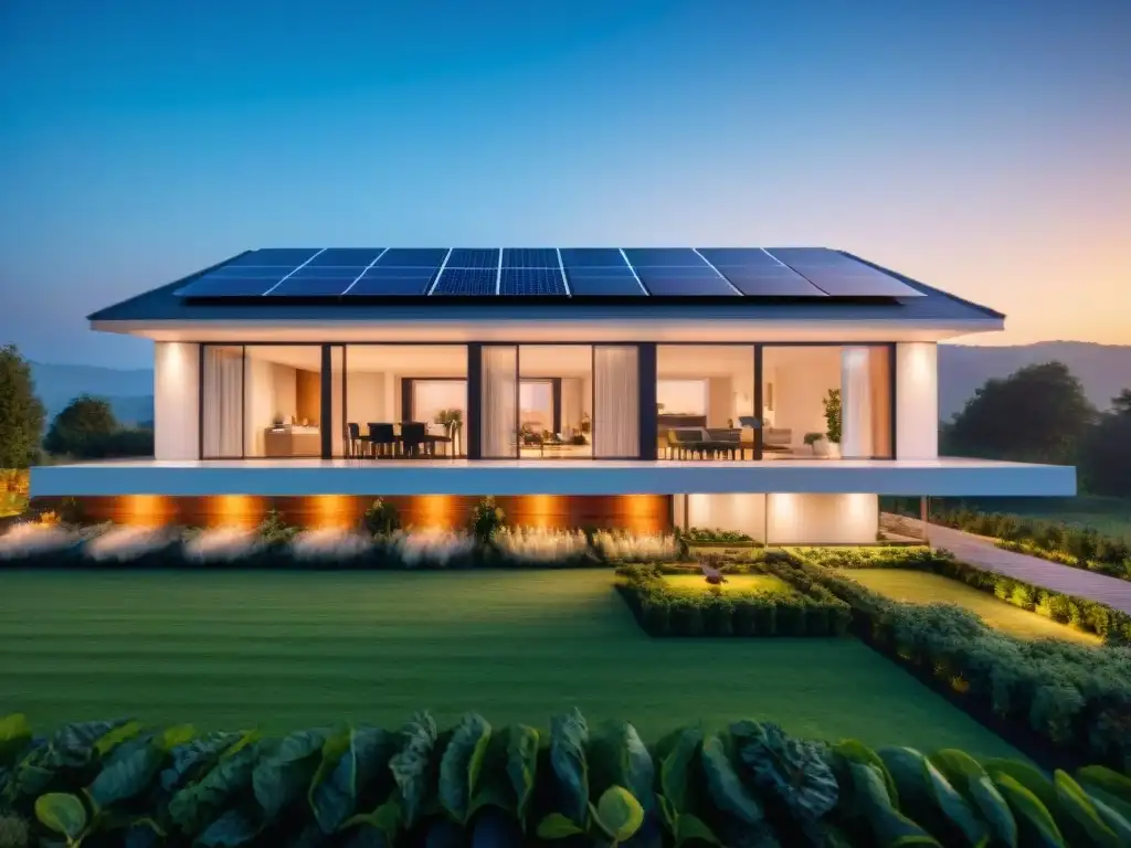 Vivienda ecológica con tecnología IoT, paneles solares, sistema de riego inteligente y electrodomésticos eficientes al atardecer