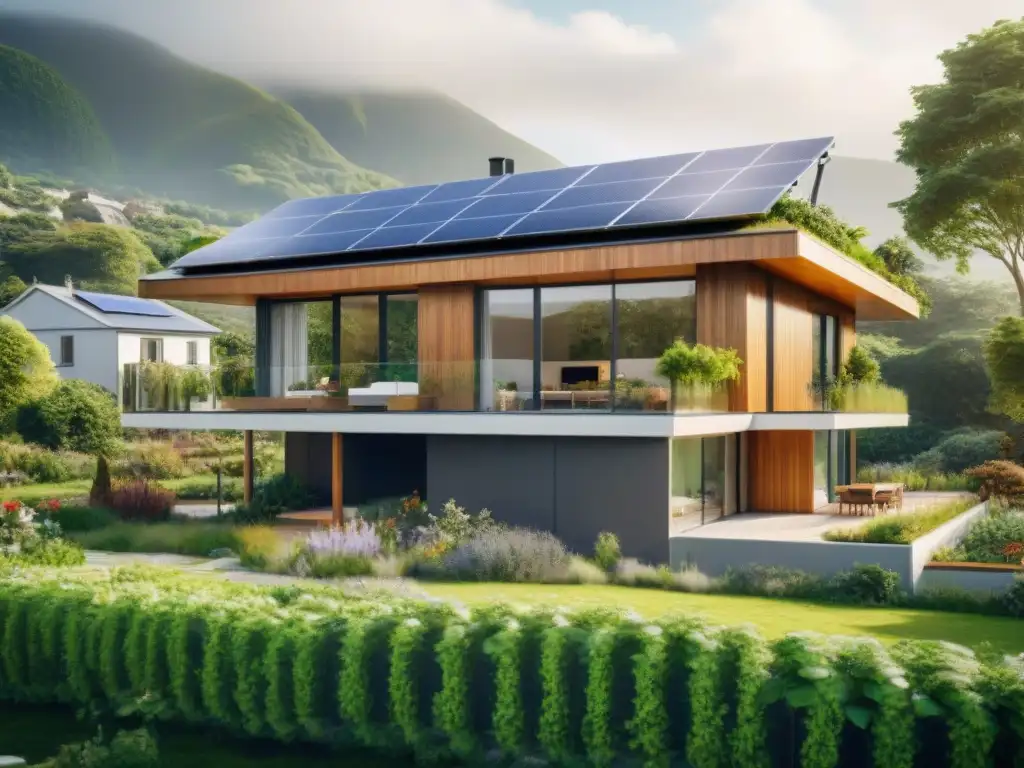 Vivienda verde con jardín nativo, paneles solares, captando la esencia de las tasas de interés préstamos hipotecarios verdes