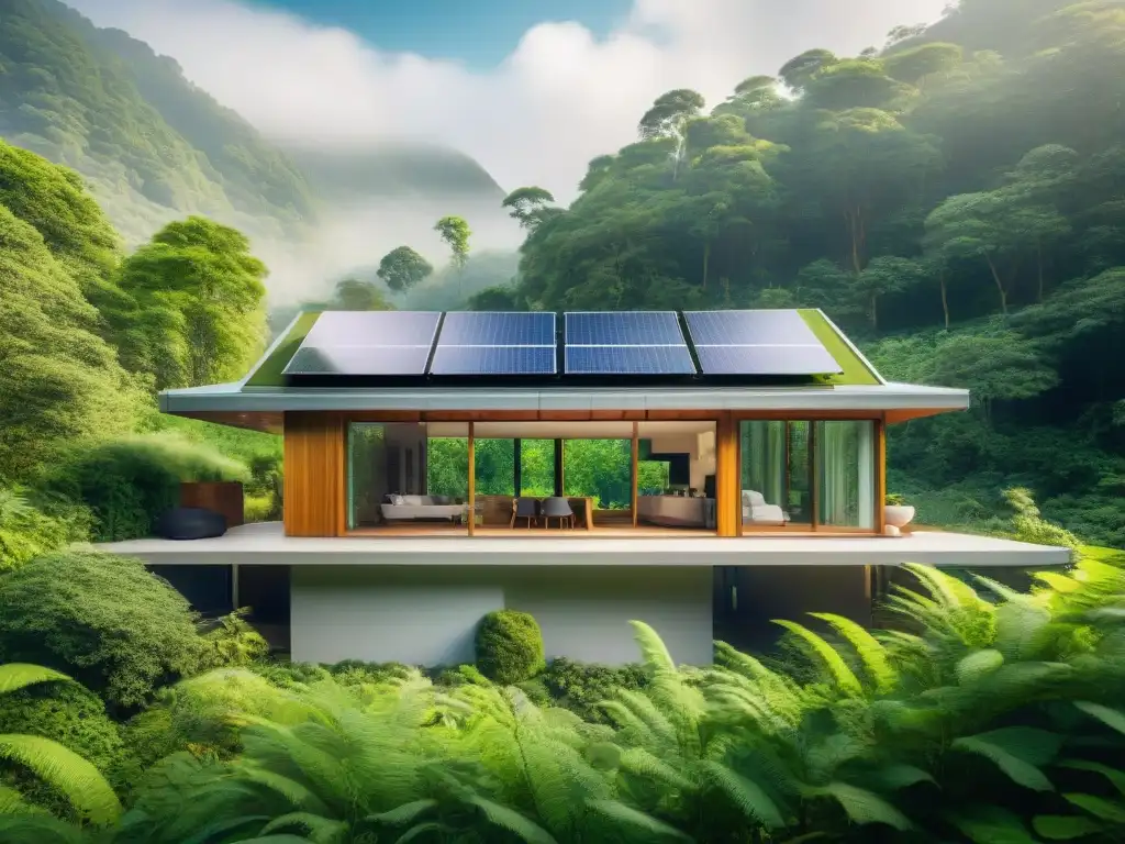 Vivienda ecológica en bosque verde, con paneles solares y sistema de recolección de agua de lluvia, integrada armoniosamente en la naturaleza