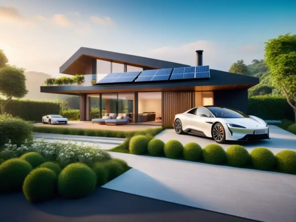 Vivienda verde con paneles solares, cargador para autos eléctricos y exuberante vegetación