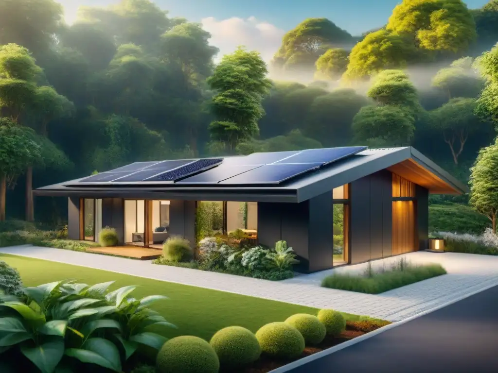 Inversión en vivienda verde: Casa ecológica con paneles solares, cargador de coches eléctricos y exuberante vegetación