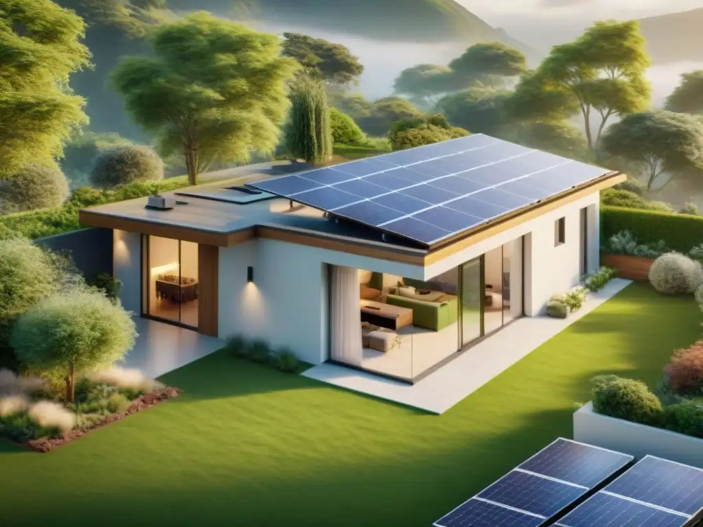 Vivienda verde sostenible con jardines exuberantes y paneles solares