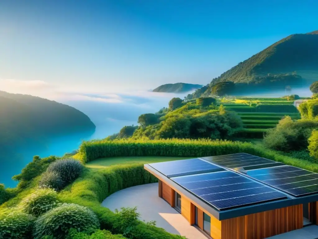 Vivienda verde con tecnología de hogar inteligente y paneles solares, rodeada de exuberante naturaleza bajo cielo azul