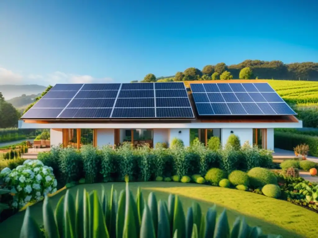 Viviendas autosuficientes energía renovable: casa moderna y sostenible con paneles solares, turbina eólica y huerto frutal