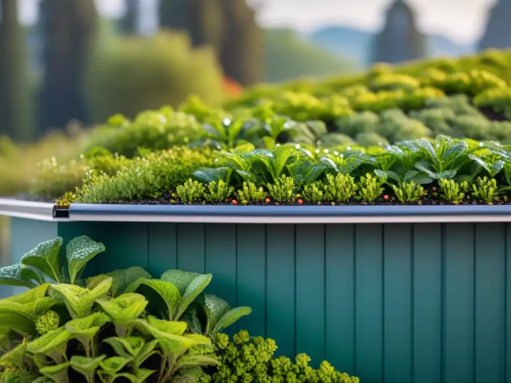 Viviendas bioclimáticas adaptadas al clima: Detalle de innovador techo verde con vegetación exuberante y sistema de riego