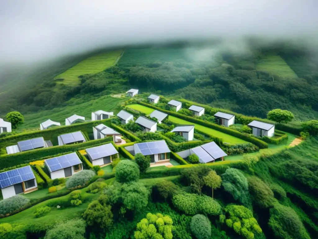 Viviendas bioclimáticas adaptadas al clima en paisaje verde armonioso y sostenible