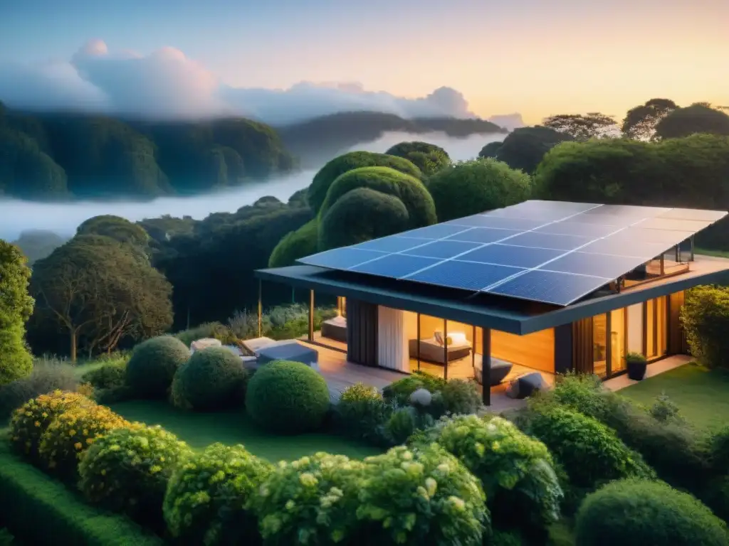 Viviendas certificadas LEED históricas: Hogar ecofriendly al atardecer, con paneles solares brillando bajo la luz dorada y jardín verde exuberante