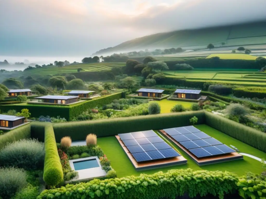 Viviendas de bajo consumo energético en armonía con la naturaleza: paneles solares, jardines verdes y espacios comunitarios sostenibles