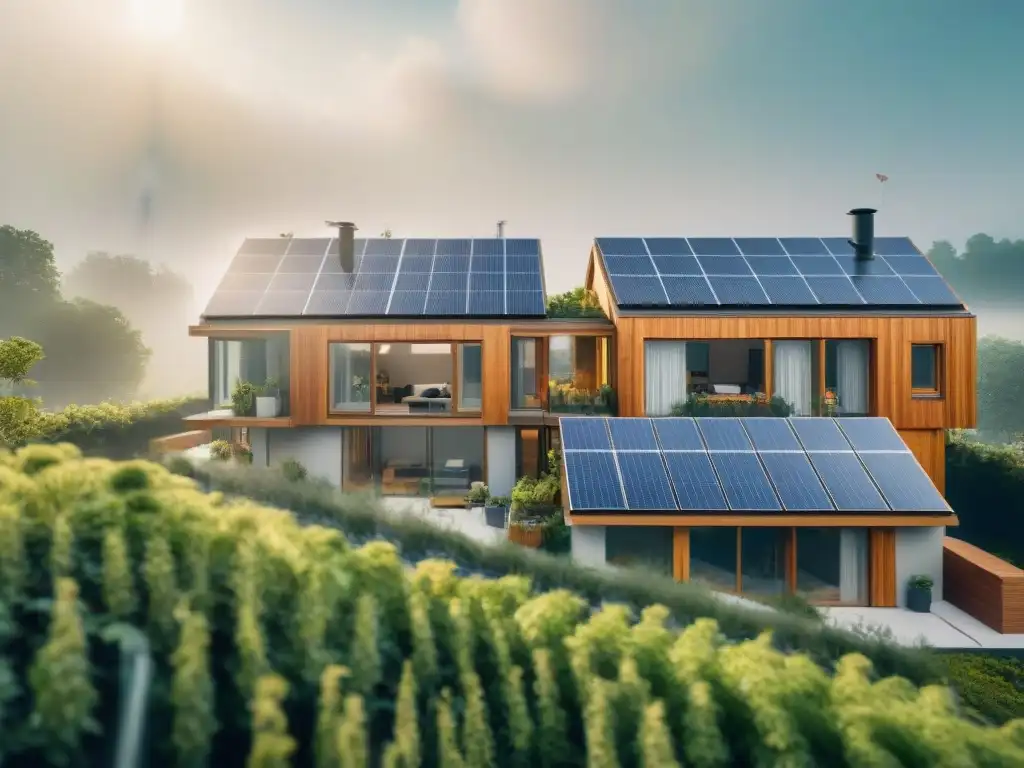 Viviendas cooperativas sostenibles para el futuro: Complejo habitacional moderno con paneles solares, áreas verdes y residentes ecoamigables