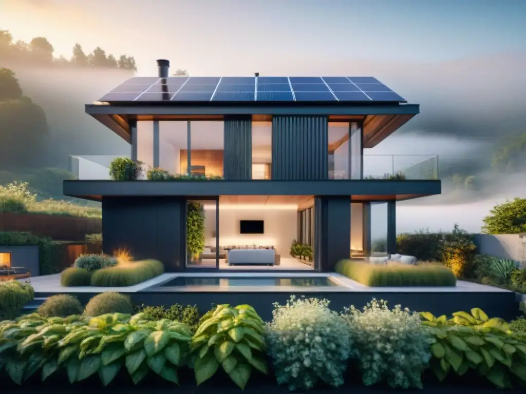 Viviendas ecoeficientes con inteligencia artificial: Casa moderna, tecnológica y sostenible con paneles solares, jardín vertical y domótica