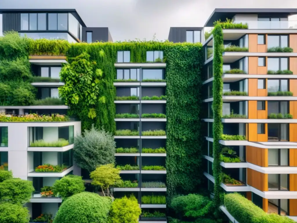 Viviendas ecológicas para ciudades resilientes: edificio residencial con techos verdes y sistemas sostenibles en entorno urbano moderno