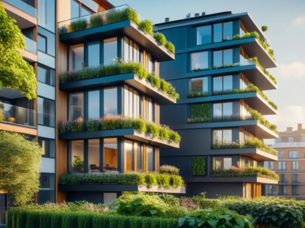 Viviendas ecológicas para ciudades resilientes: moderno edificio con paneles solares, vegetación y terraza comunitaria