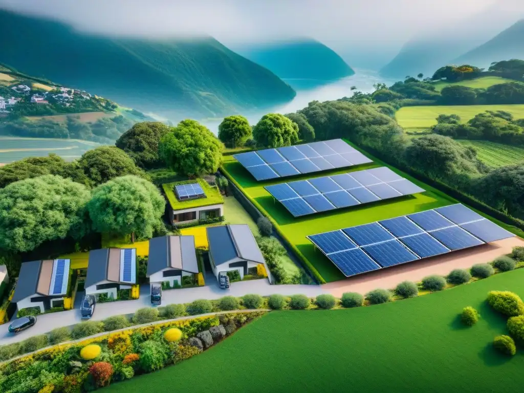 Viviendas ecológicas demanda compradores características: moderno desarrollo sustentable en paisaje verde con paneles solares y familias felices