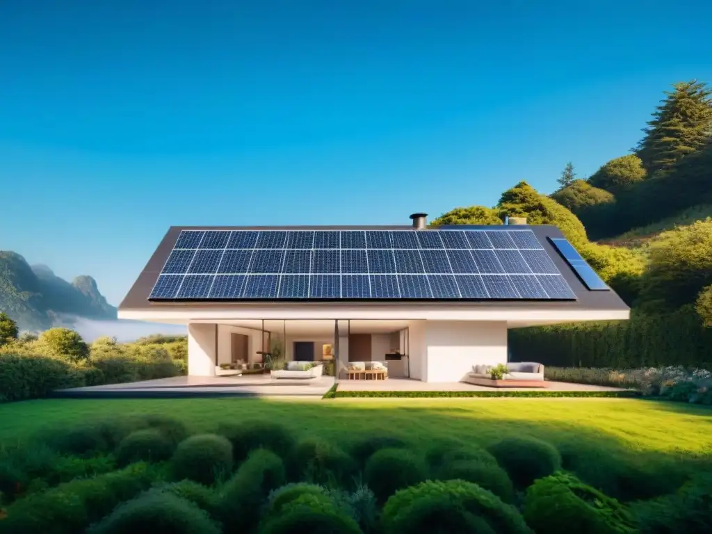 Viviendas ecológicas tecnología IoT: Casa inteligente ecofriendly con paneles solares, jardín verde y dispositivos IoT