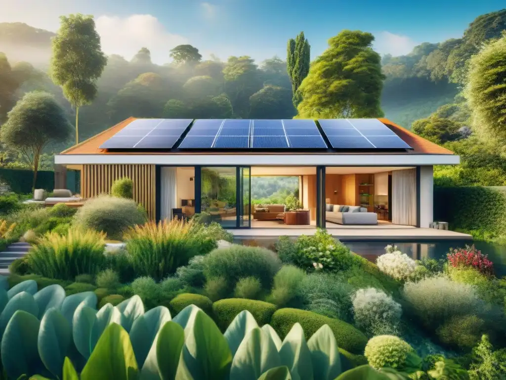 Viviendas ecológicas para estilo saludable: Casa moderna rodeada de naturaleza, paneles solares, familia sostenible